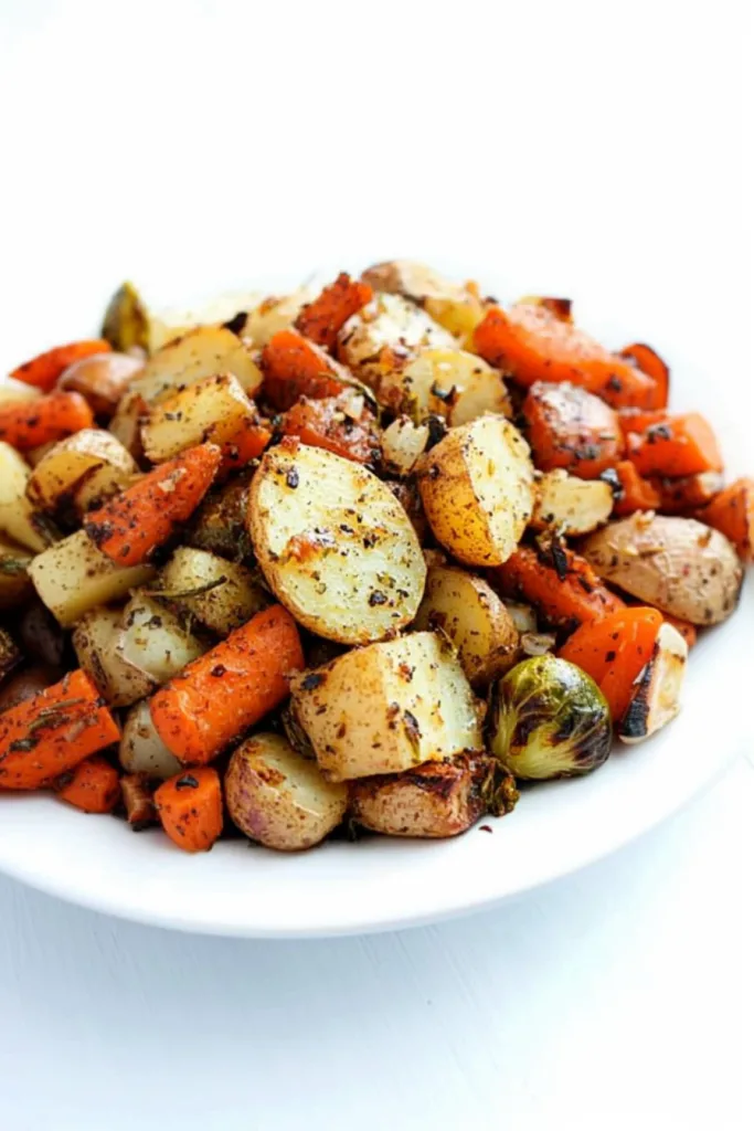 Golden vegetables glistening with oil, seasoned with herbs and cracked pepper.
