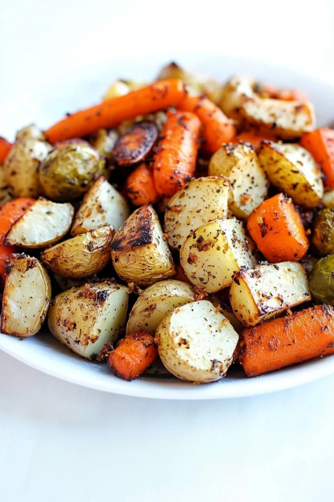 White bowl filled with roasted baby potatoes, carrots, and Brussels sprouts, edges charred for extra flavor.
