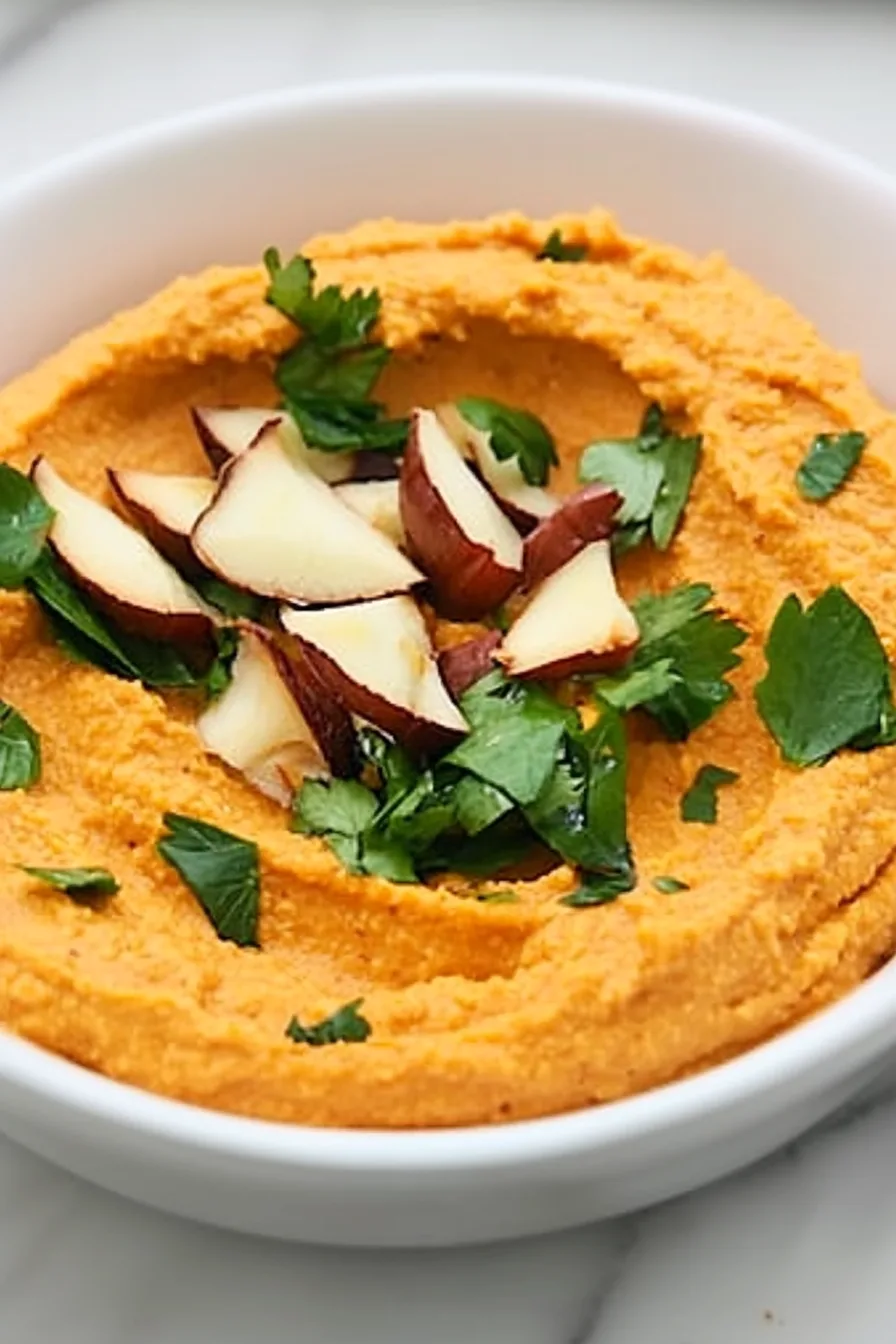 Rustic bowl of roasted vegetable spread, accented with green parsley.