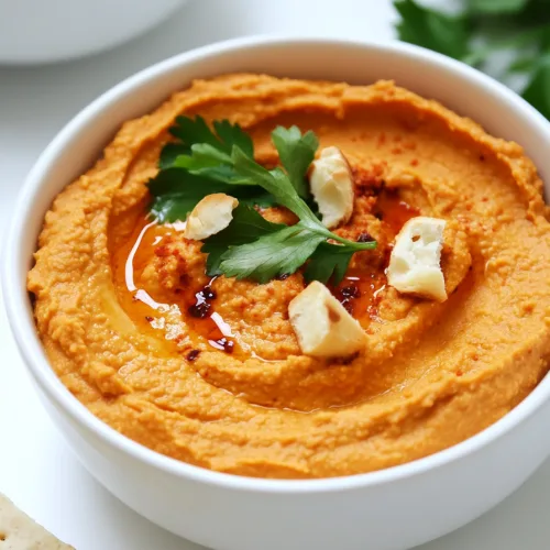 Creamy dip with a vibrant redโorange hue, garnished with fresh herbs.