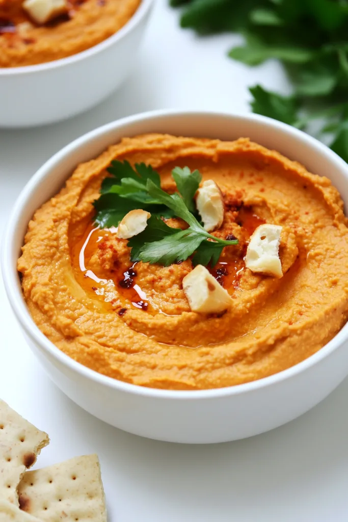 Creamy dip with a vibrant redโorange hue, garnished with fresh herbs.