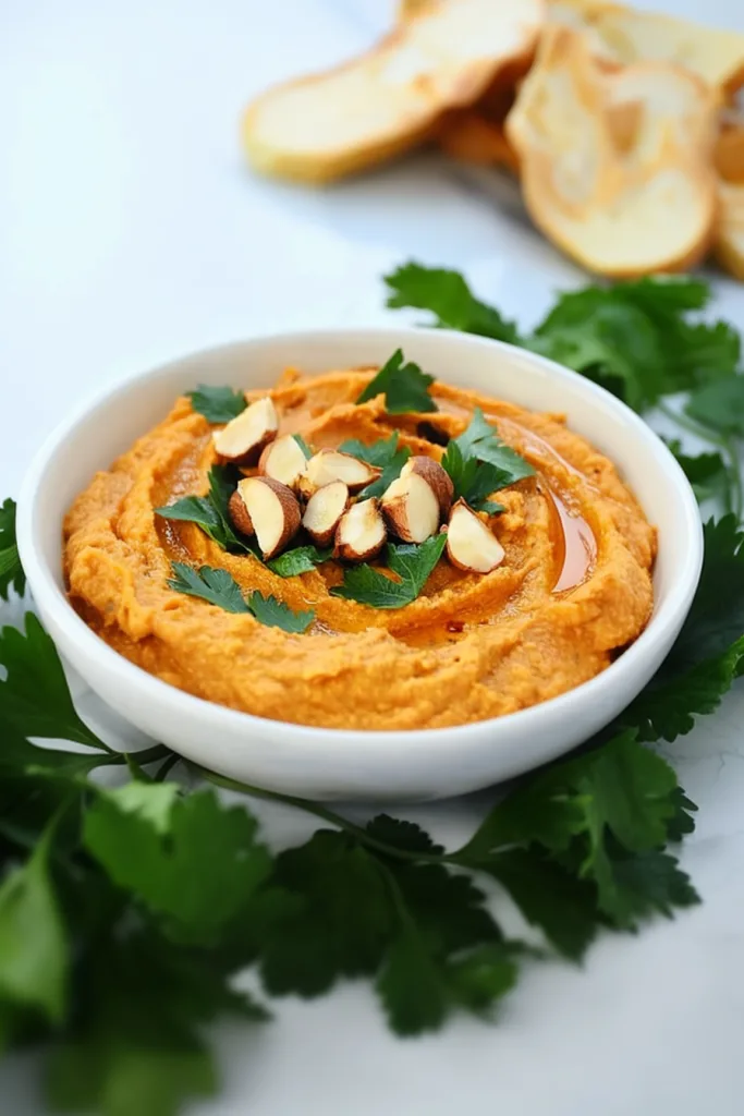 Smooth orange hummus topped with parsley and chopped nuts in a white bowl.