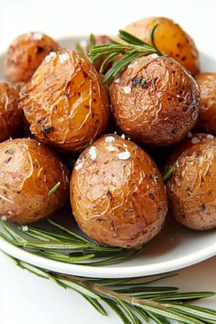 Warm-toned shot highlighting the crunchy potato skins and vibrant green rosemary.