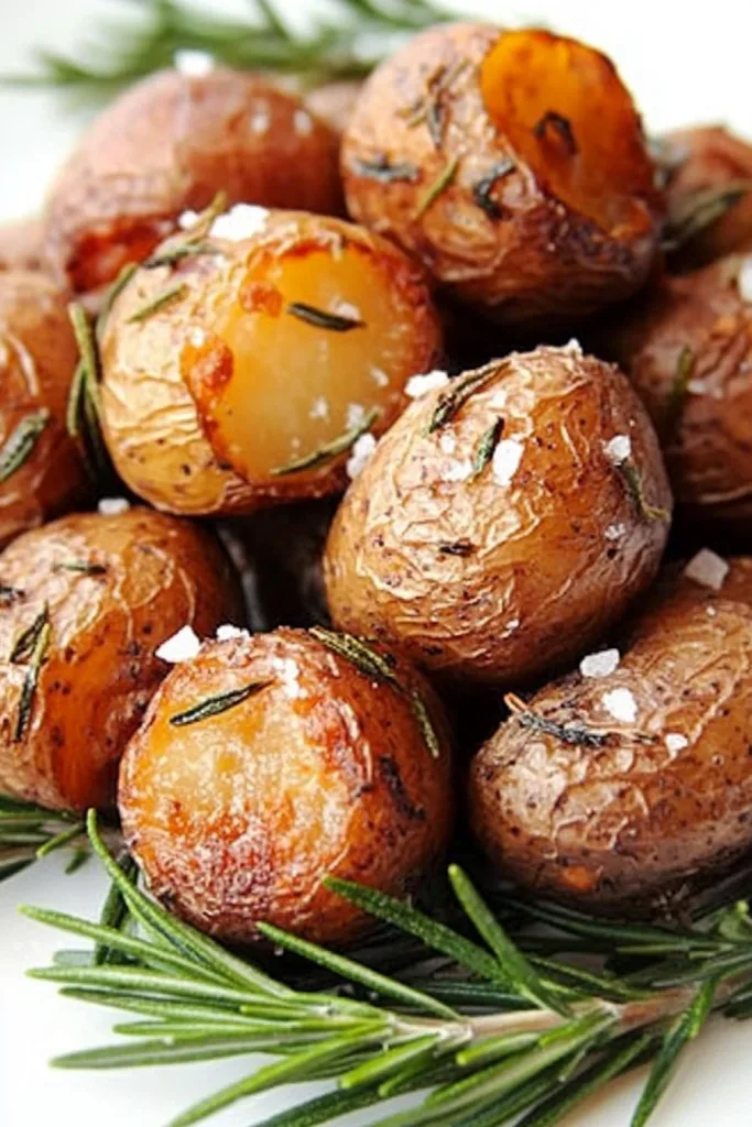 Plate of roasted potatoes arranged neatly, steam rising with a hint of rosemary fragrance.