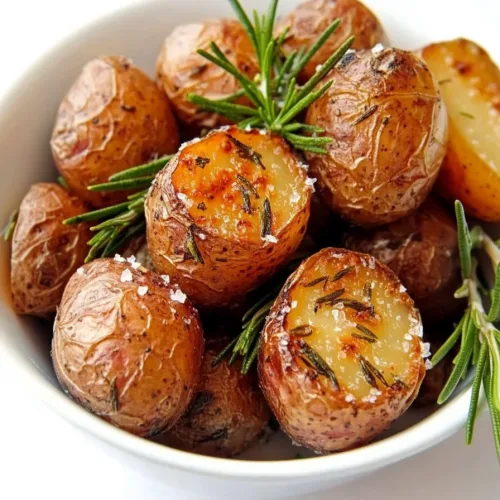 Golden baby potatoes with crisp edges, sprinkled with coarse salt and fresh rosemary sprigs.