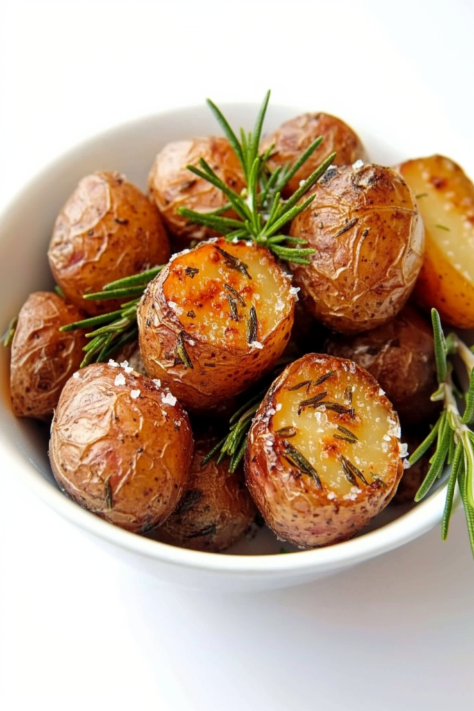 Golden baby potatoes with crisp edges, sprinkled with coarse salt and fresh rosemary sprigs.