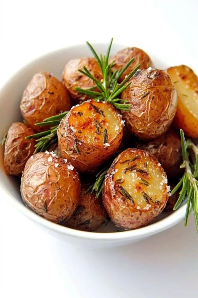 Golden baby potatoes with crisp edges, sprinkled with coarse salt and fresh rosemary sprigs.