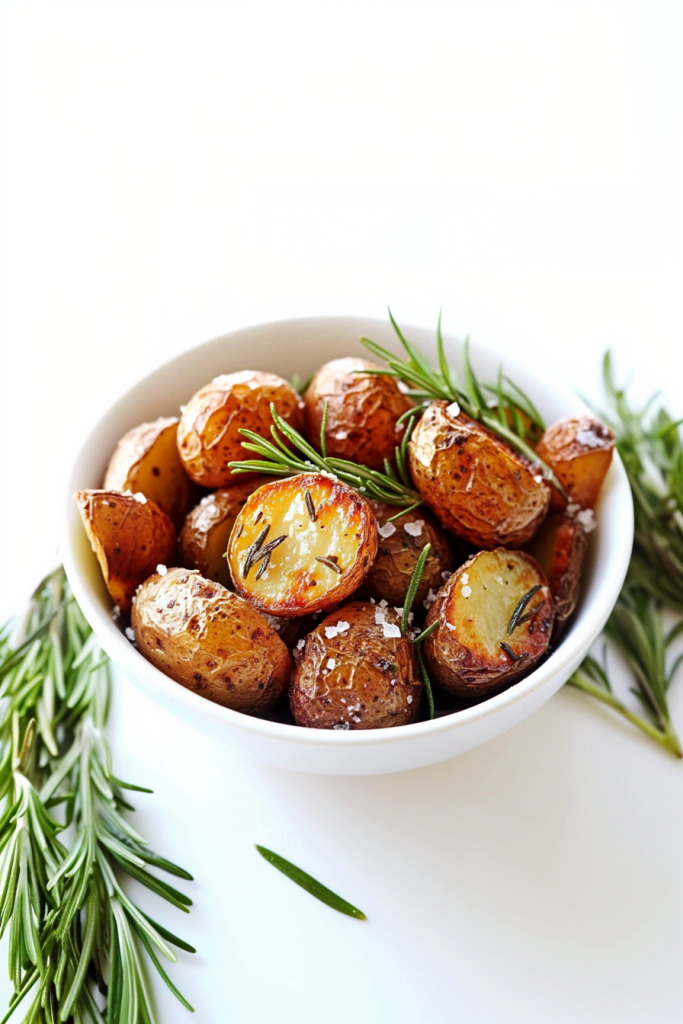 Rustic serving dish filled with crispy roasted potatoes and aromatic herbs.