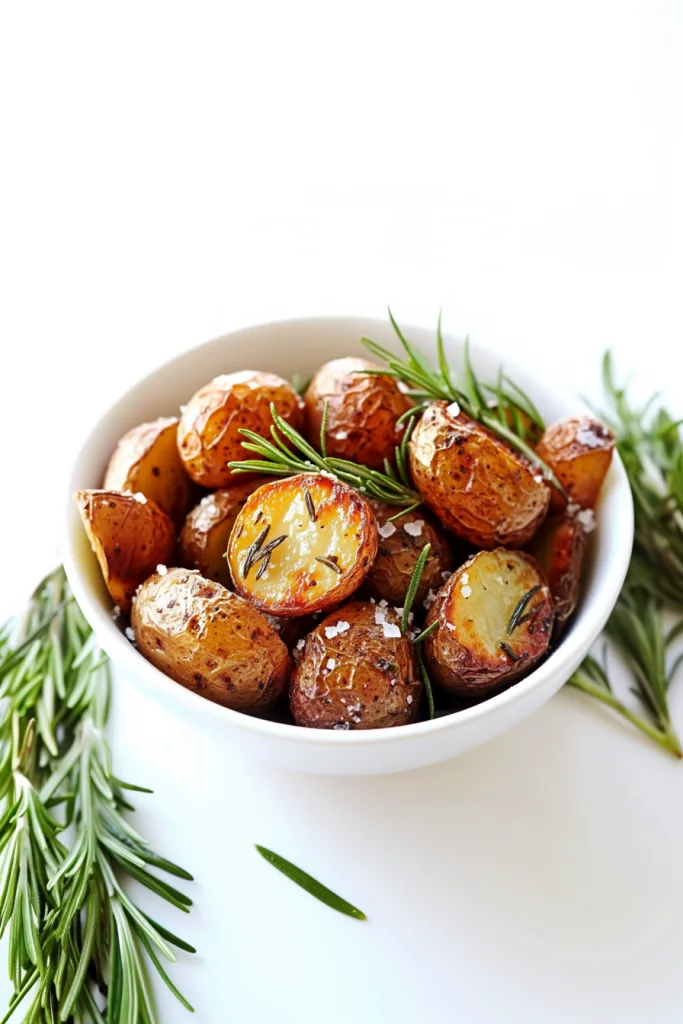 Rustic serving dish filled with crispy roasted potatoes and aromatic herbs.