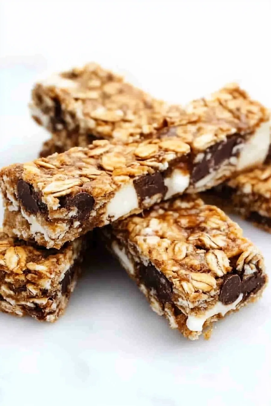 Sweet snack presentation with visible oats, chocolate pieces, and creamy drizzle.