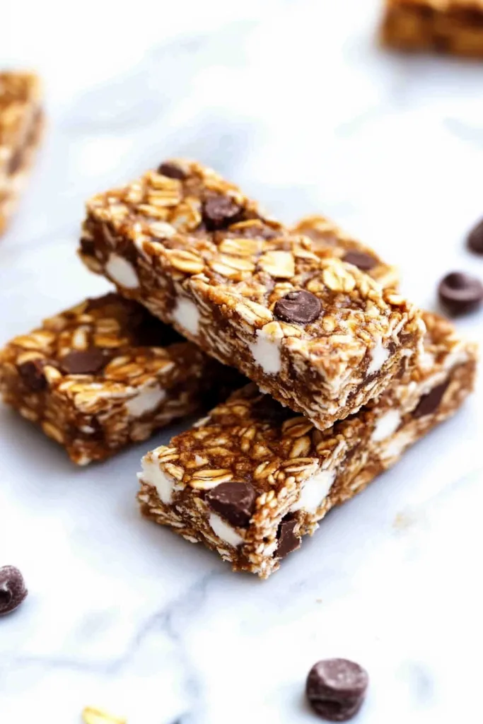 Rectangular snack bars arranged neatly, showing layers of chocolate and marshmallow-like filling.