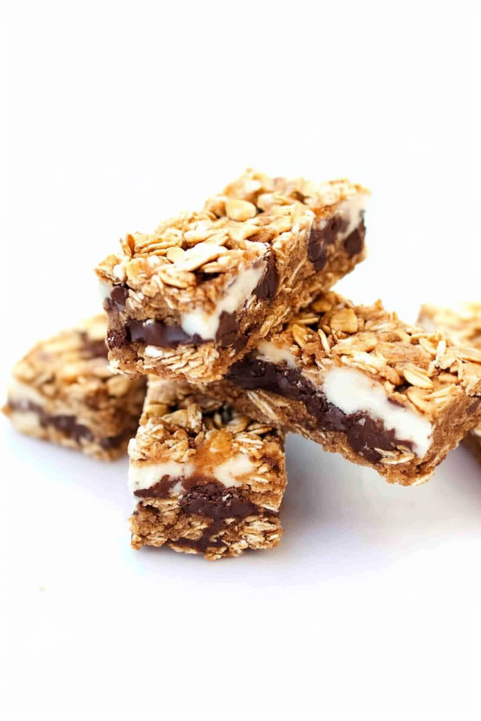 Stacked chewy bars made with oats, chocolate chips, and a creamy coating.