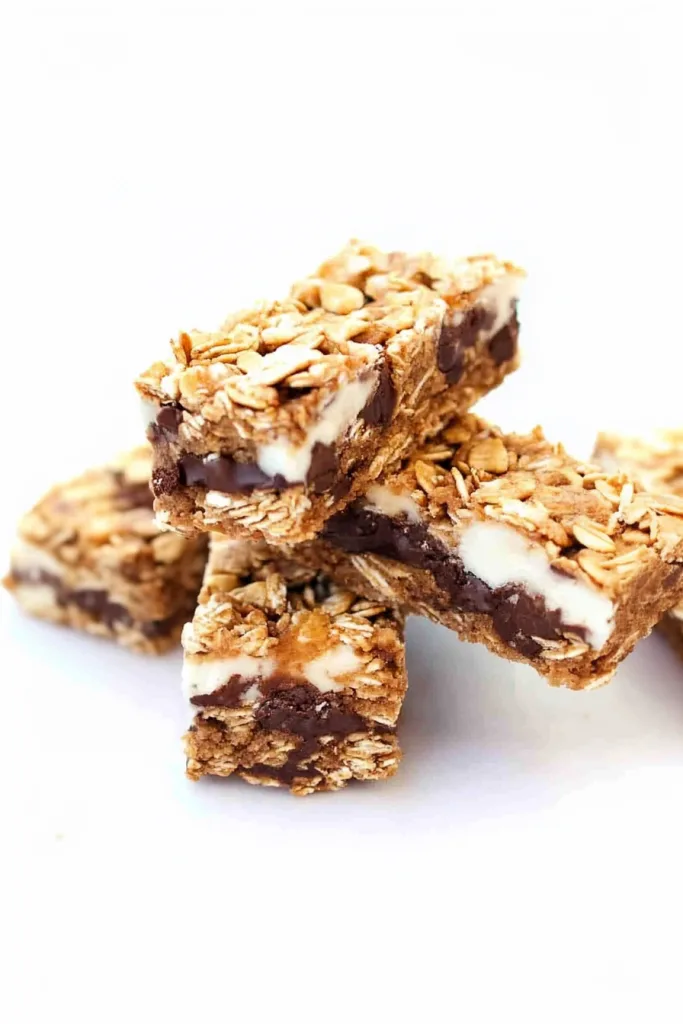 Stacked chewy bars made with oats, chocolate chips, and a creamy coating.