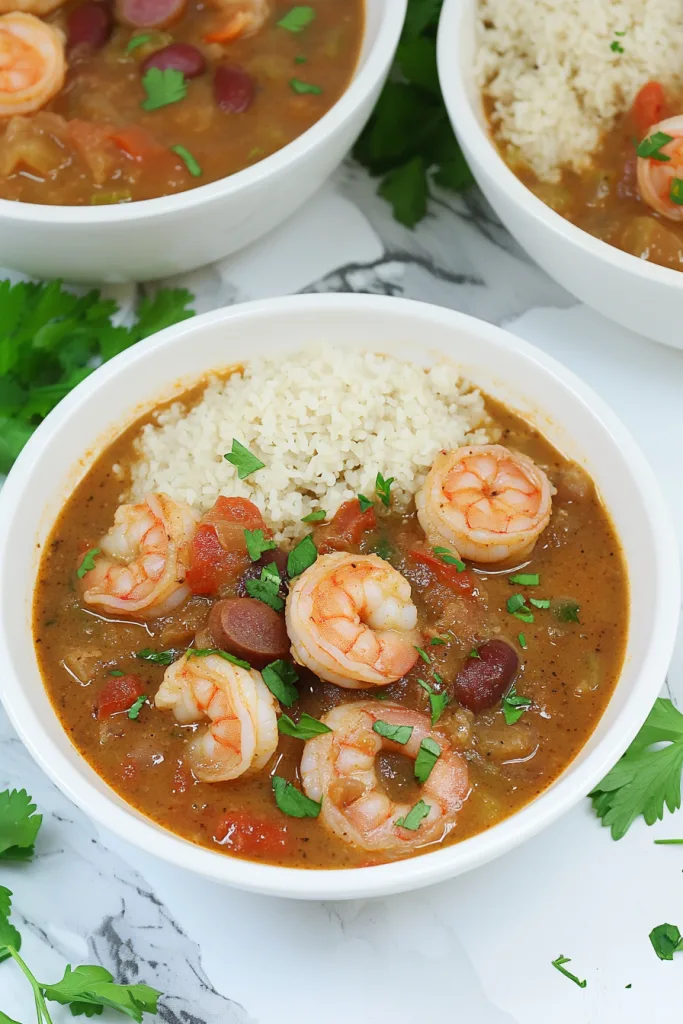 Close-up of rich stew highlighting shrimp, sliced sausage, and fresh herbs.
