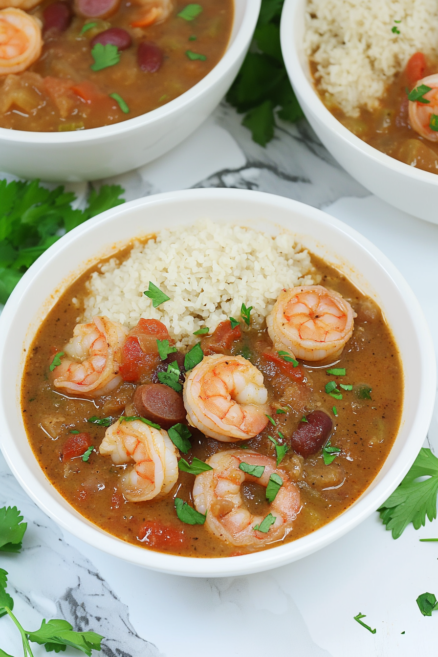 Close-up of rich stew highlighting shrimp, sliced sausage, and fresh herbs.
