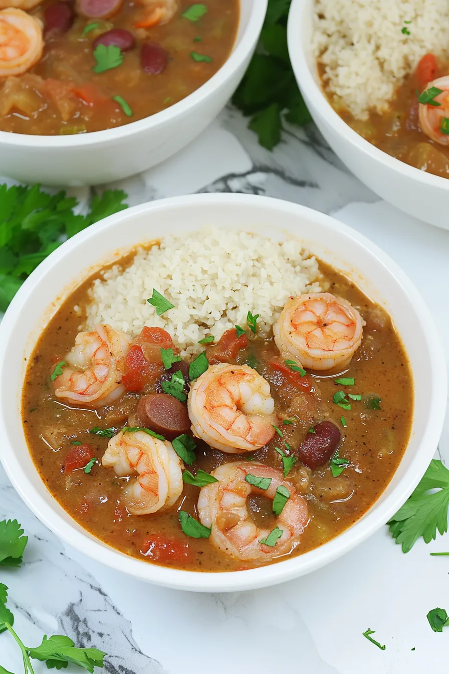 Close-up of rich stew highlighting shrimp, sliced sausage, and fresh herbs.