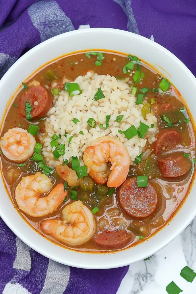 Hearty bowl of gumbo with rice in the center, surrounded by sausage, shrimp, and vegetables.