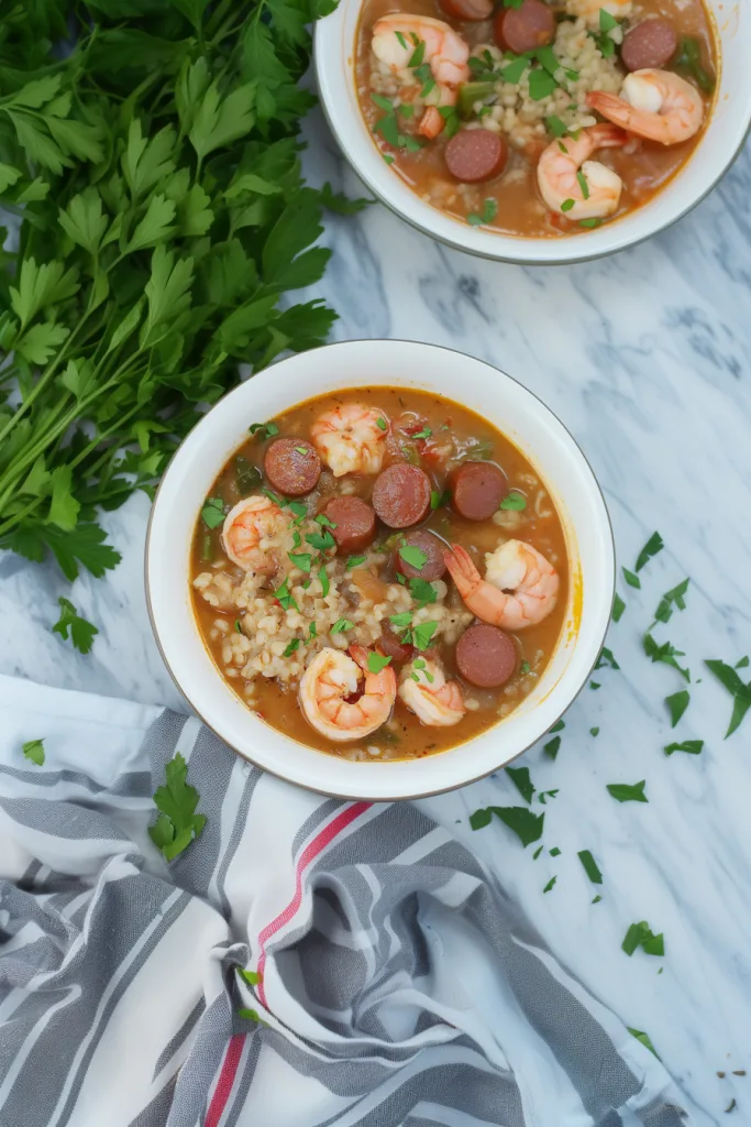 Rustic dish showing thick broth, tender shrimp, and colorful peppers.