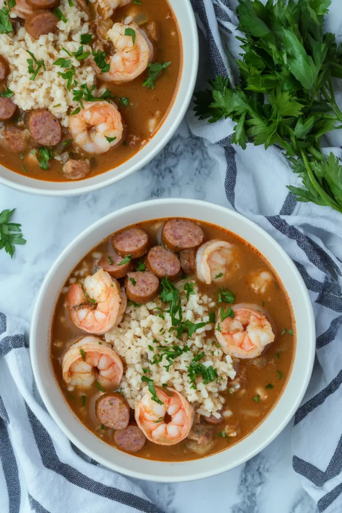 Final plating of gumbo with rice, garnished with chopped green onions and parsley.