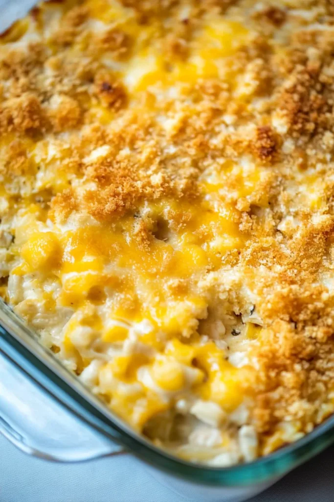 Rustic casserole served in a white bowl, highlighting crunchy topping.