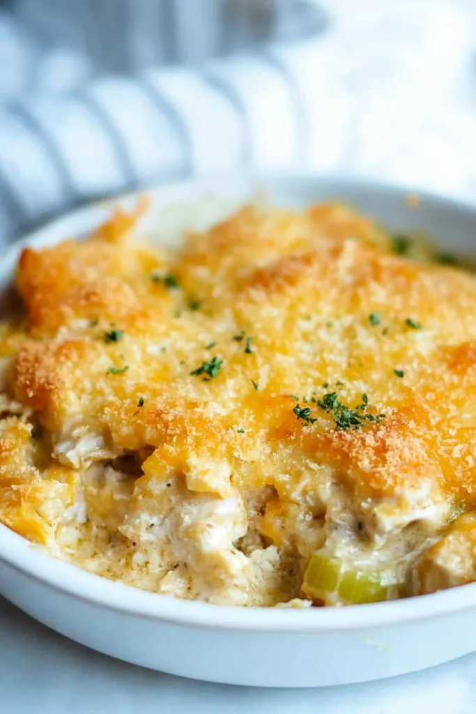 Comfort food presentation showing tender chicken pieces in a rich sauce.