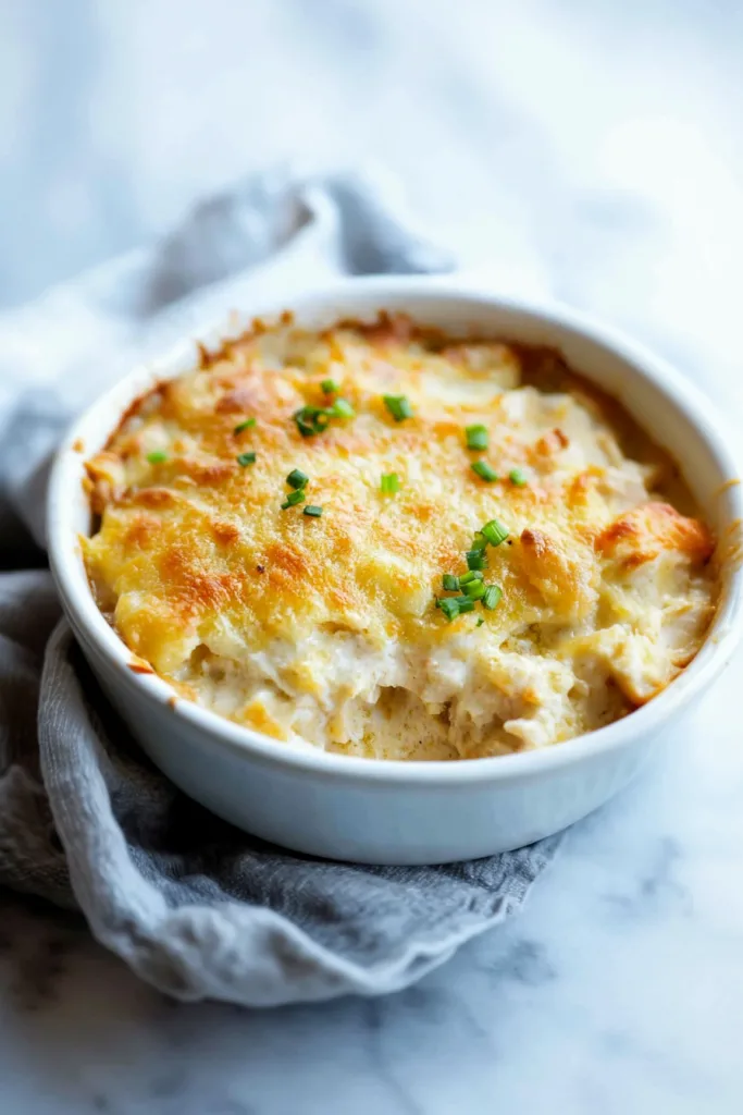Creamy baked casserole topped with golden cheese and breadcrumbs.