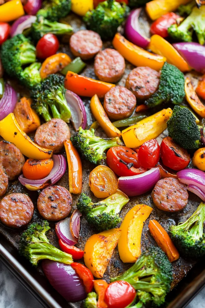 Rustic one-pan meal featuring sausage, broccoli florets, and onions.