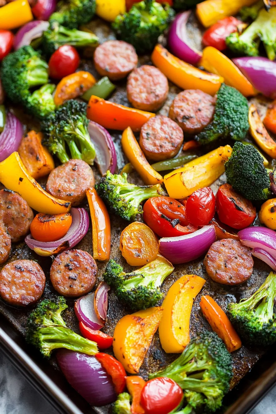 Rustic one-pan meal featuring sausage, broccoli florets, and onions.