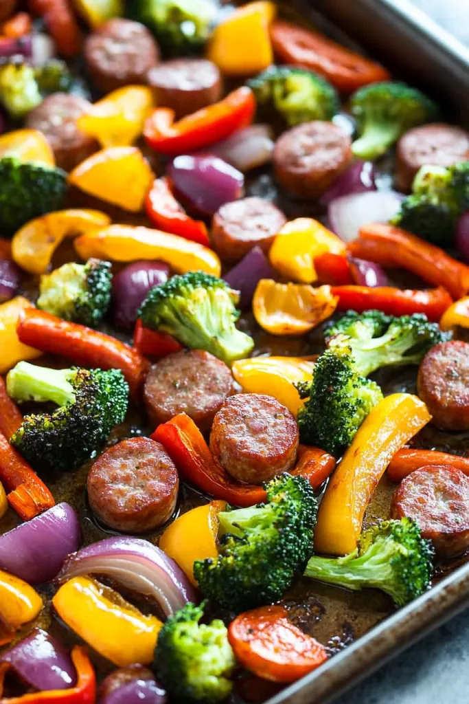 Colorful mix of roasted vegetables and browned sausage on a pan.