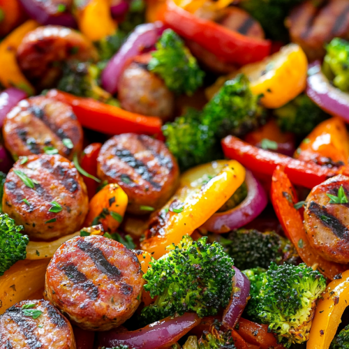 Overhead view of vibrant roasted sausage and veggie medley.