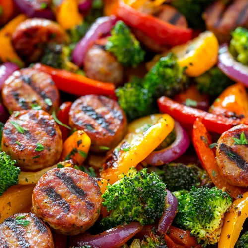 Overhead view of vibrant roasted sausage and veggie medley.