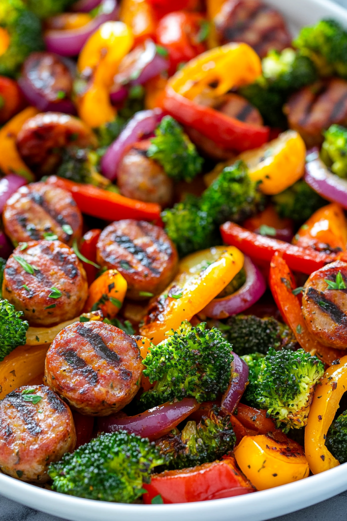 Overhead view of vibrant roasted sausage and veggie medley.