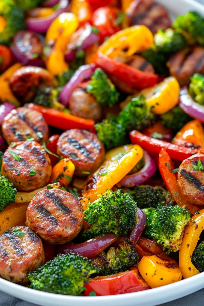 Overhead view of vibrant roasted sausage and veggie medley.