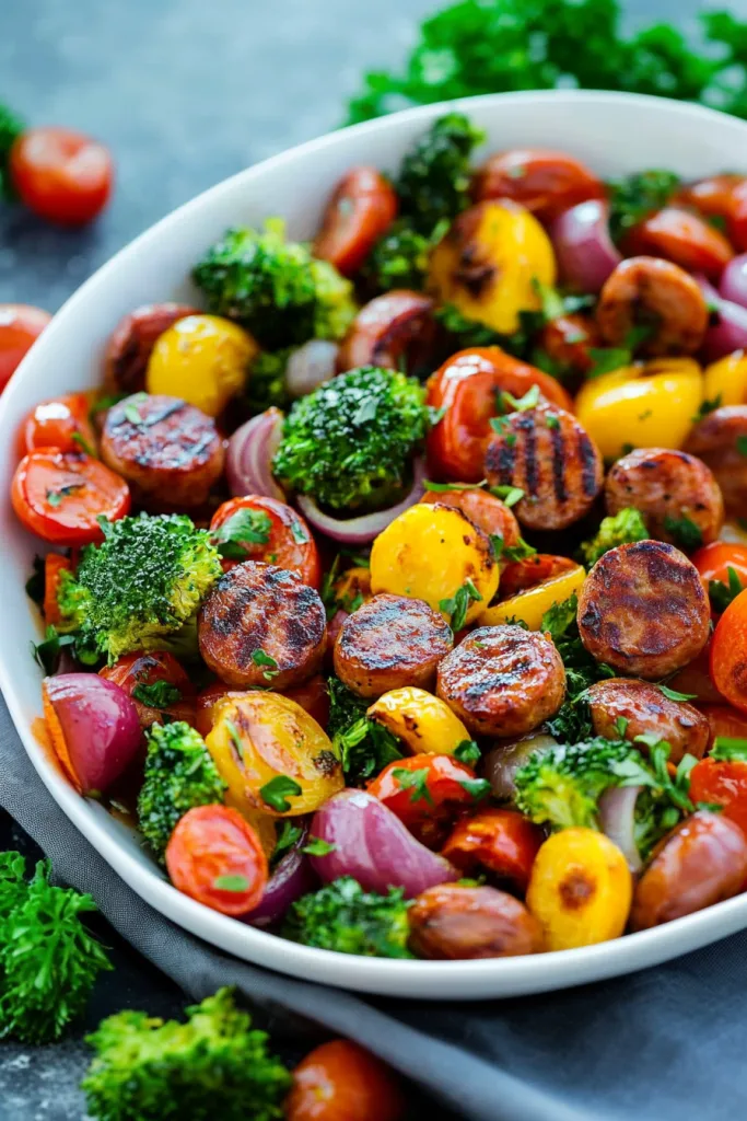 Grilled sausage slices with charred peppers, broccoli, and onions.