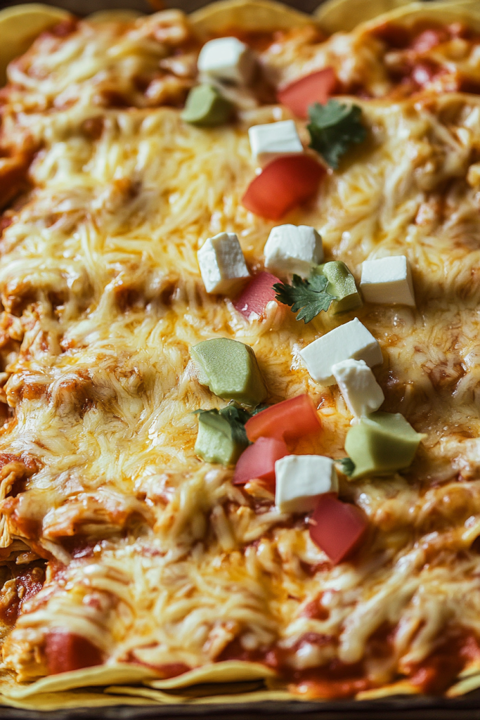 Shredded Chicken Enchilada Dinner plated with gooey cheese and colorful peppers.