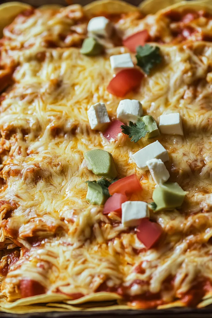 Shredded Chicken Enchilada Dinner plated with gooey cheese and colorful peppers.