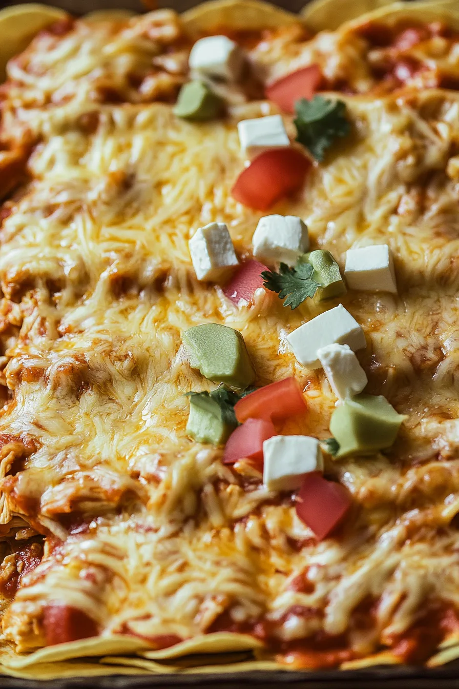 Shredded Chicken Enchilada Dinner plated with gooey cheese and colorful peppers.