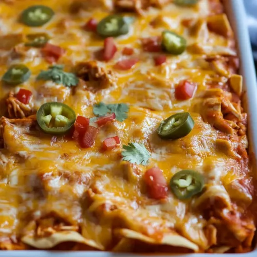 Rectangular dish of enchiladas fresh from the oven, topped with jalapeรฑos.