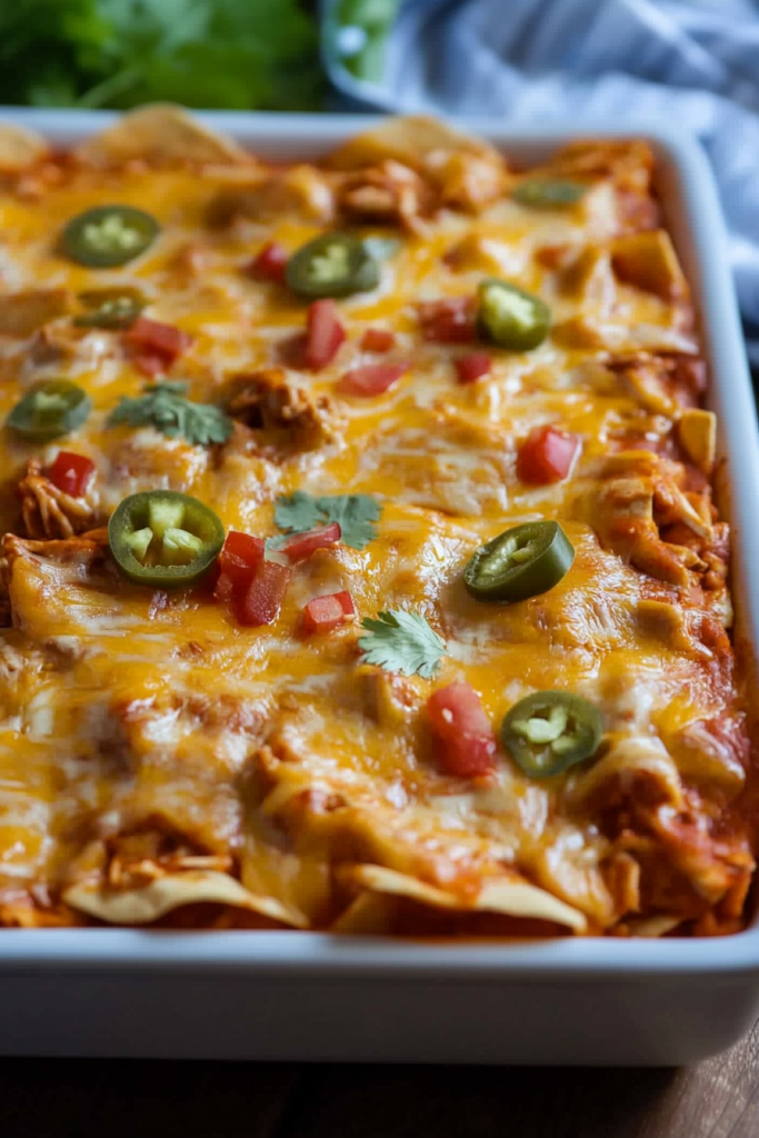 Rectangular dish of enchiladas fresh from the oven, topped with jalapeรฑos.