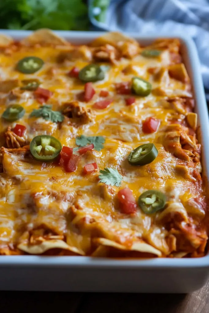 Rectangular dish of enchiladas fresh from the oven, topped with jalapeรฑos.
