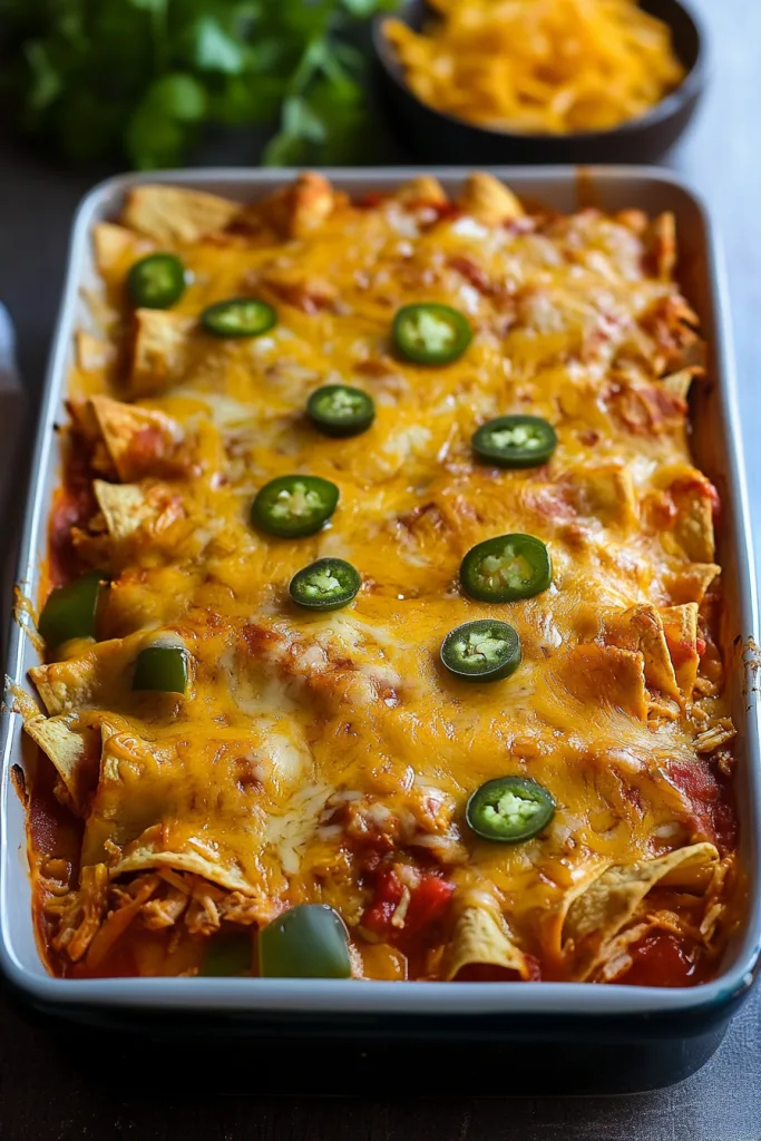 Baked casserole dish with golden melted cheese and jalapeรฑo slices on top.