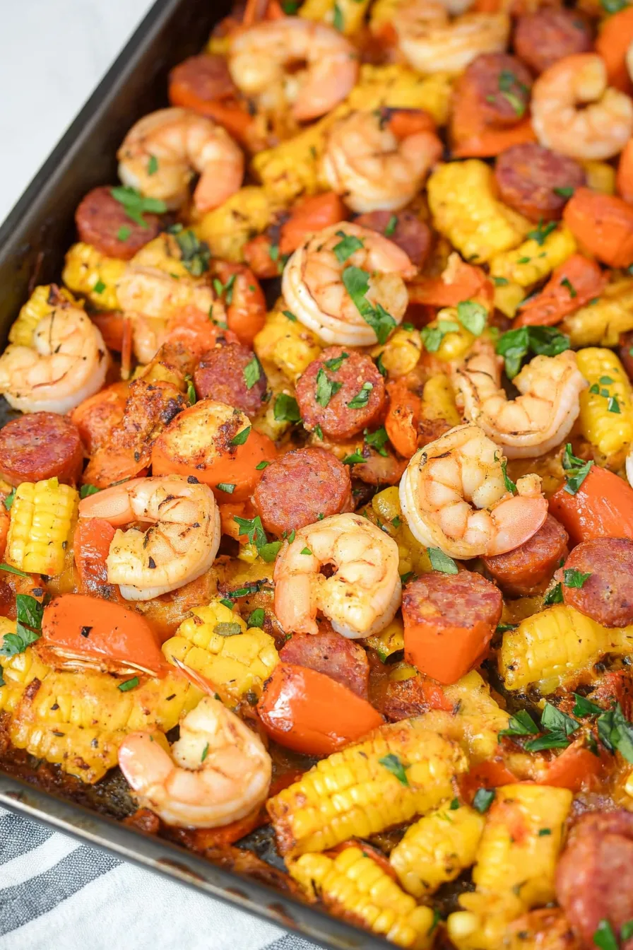 Colorful seafood and sausage bake loaded with corn and seasoned vegetables