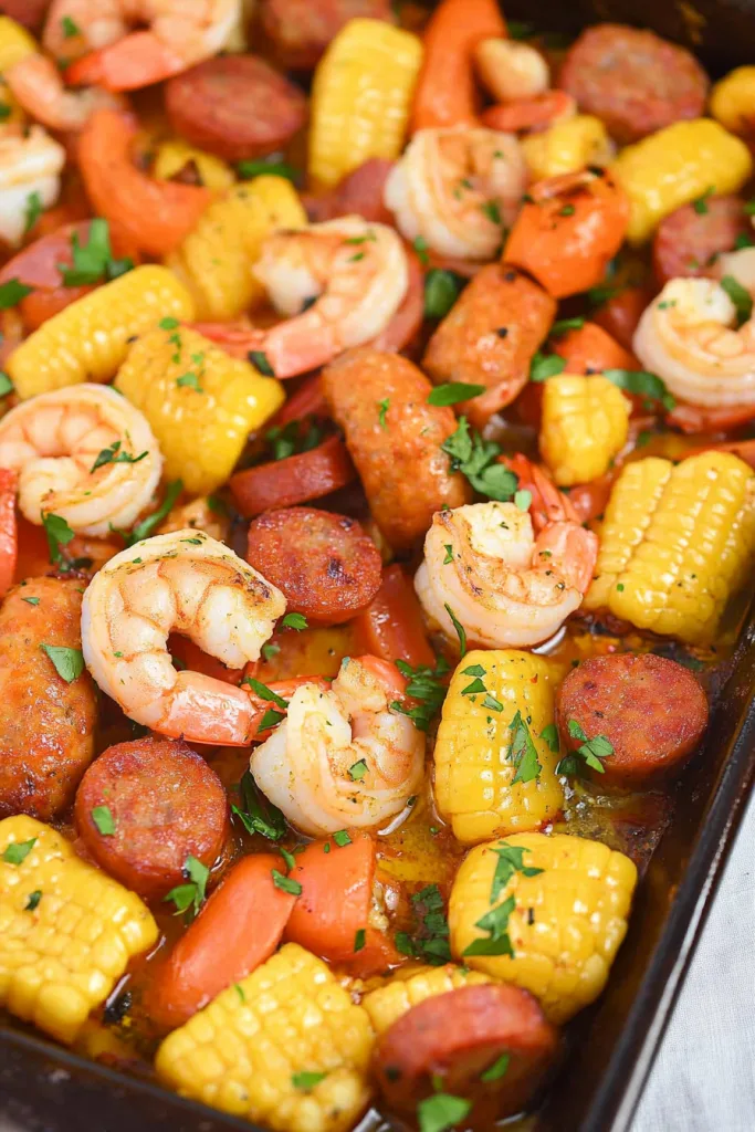 Flavorful sheet pan seafood bake with shrimp, sausage, and fresh parsley