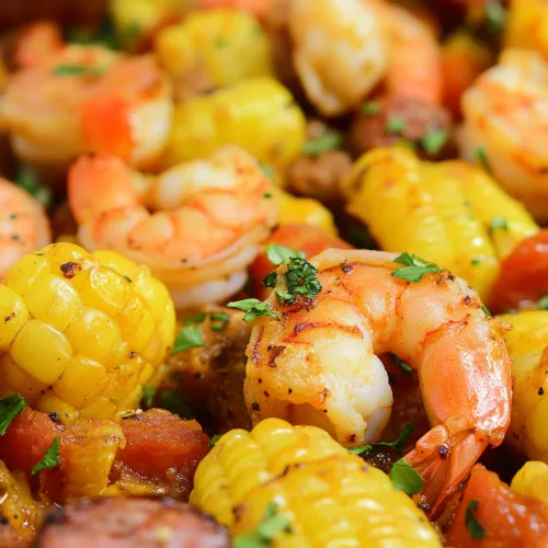 Easy baked shrimp dinner with smoky sausage and charred corn kernels