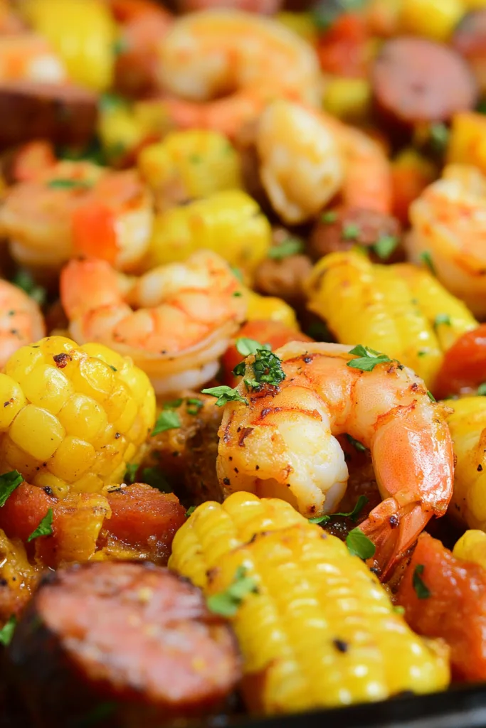 Easy baked shrimp dinner with smoky sausage and charred corn kernels