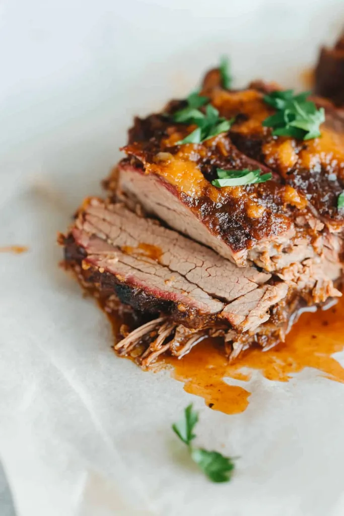 Tender sliced beef topped with herbs and rich savory glaze