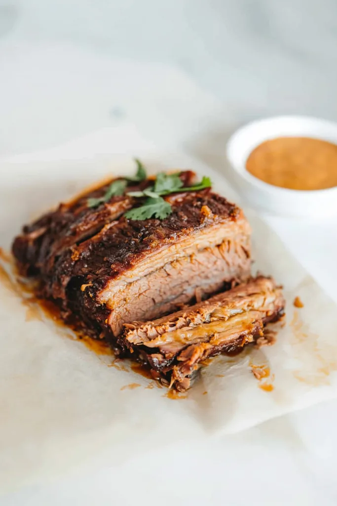 Juicy beef roast served with flavorful sauce and caramelized edges
