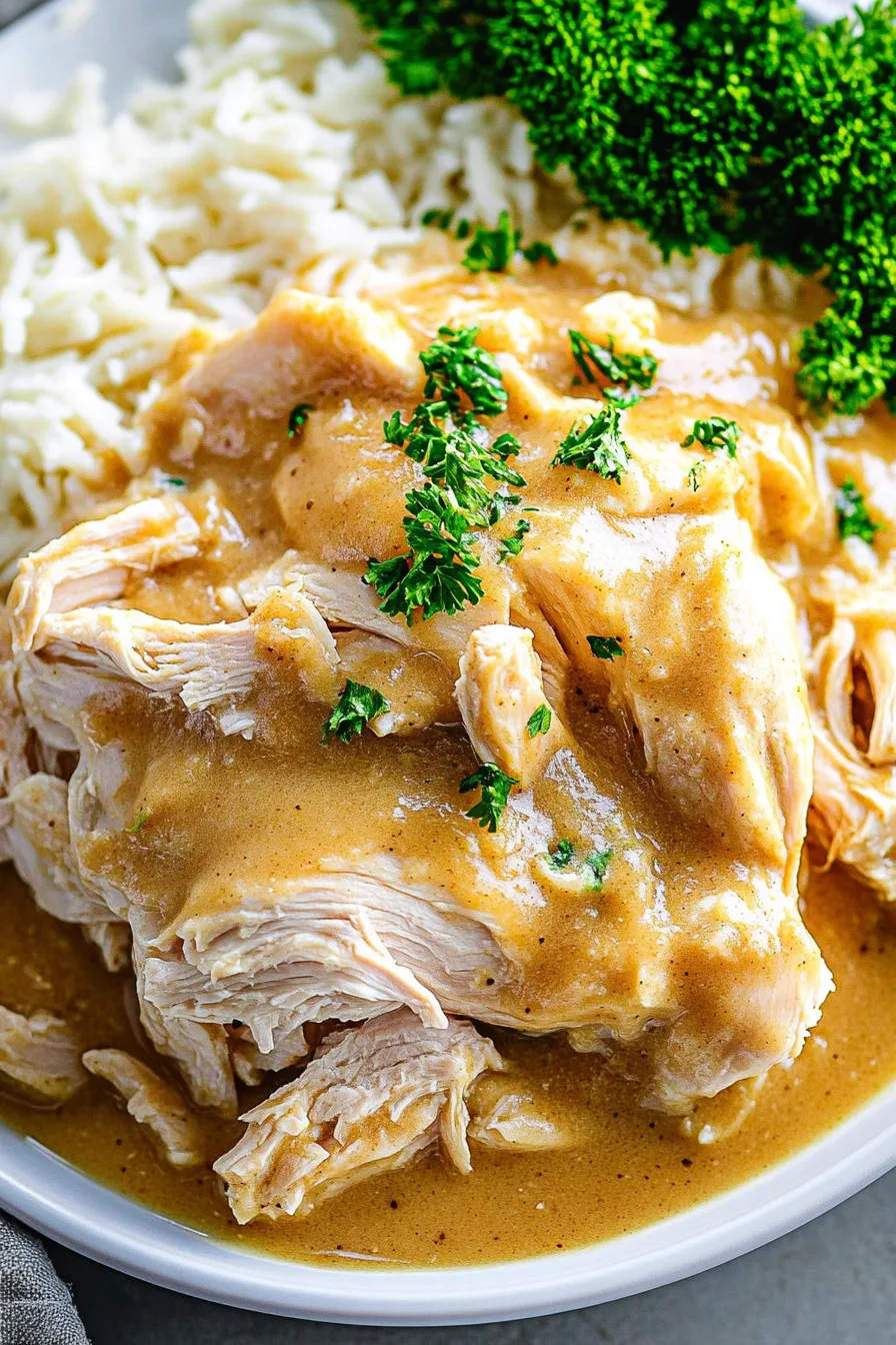 Hearty chicken dinner plated with silky gravy, steamed rice, and green broccoli florets.