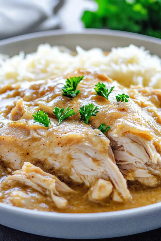 Close-up of juicy slow-cooked chicken covered in rich brown gravy on a dinner plate.
