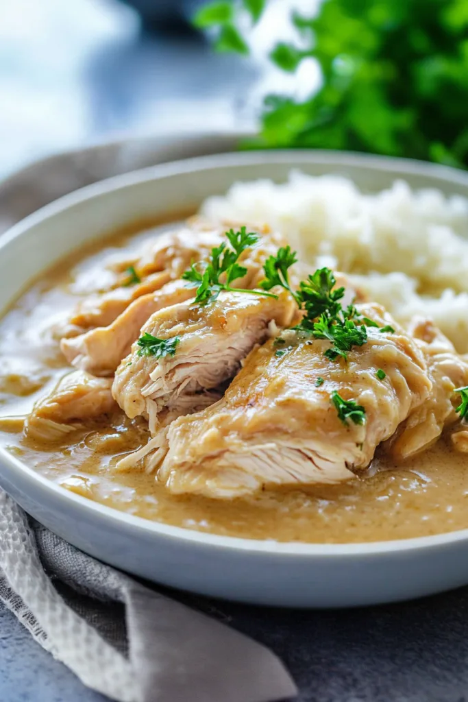 Comfort food dinner featuring pull-apart chicken with savory sauce, rice, and fresh broccoli.